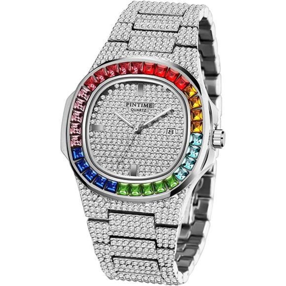 Luxury Bling-ed Out Colorful Diamond Watches Quartz Analog Stainless Steel Band - Picture 3 of 6